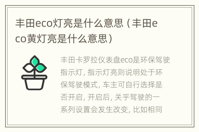 丰田eco灯亮是什么意思（丰田eco黄灯亮是什么意思）