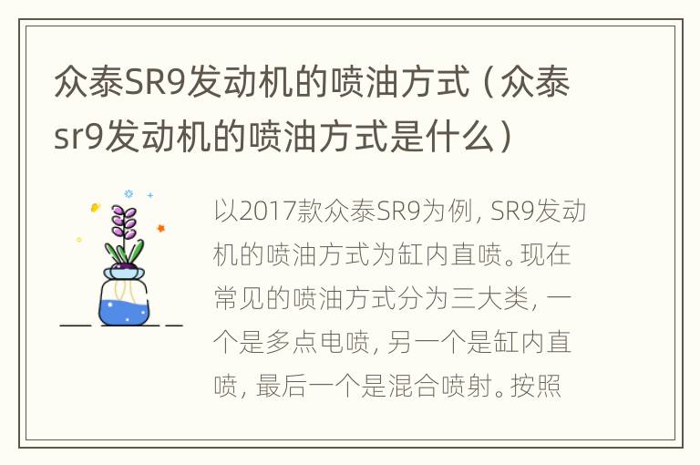 众泰SR9发动机的喷油方式（众泰sr9发动机的喷油方式是什么）