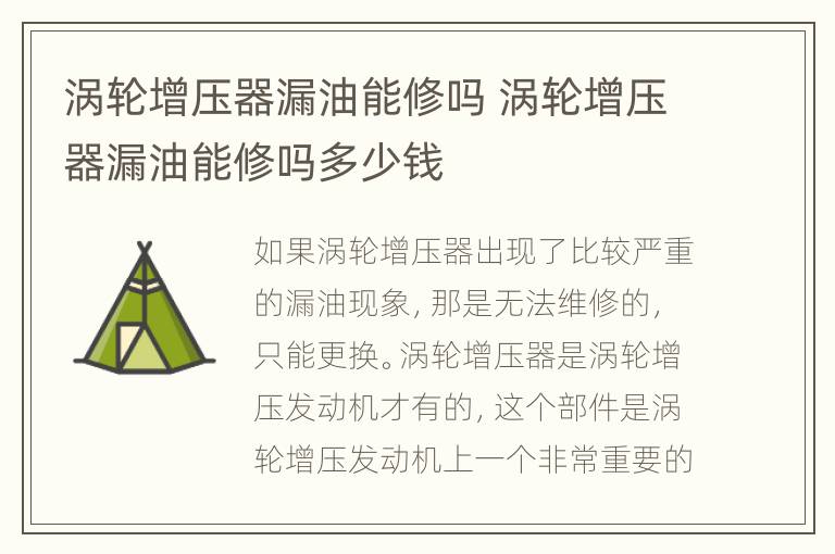 涡轮增压器漏油能修吗 涡轮增压器漏油能修吗多少钱