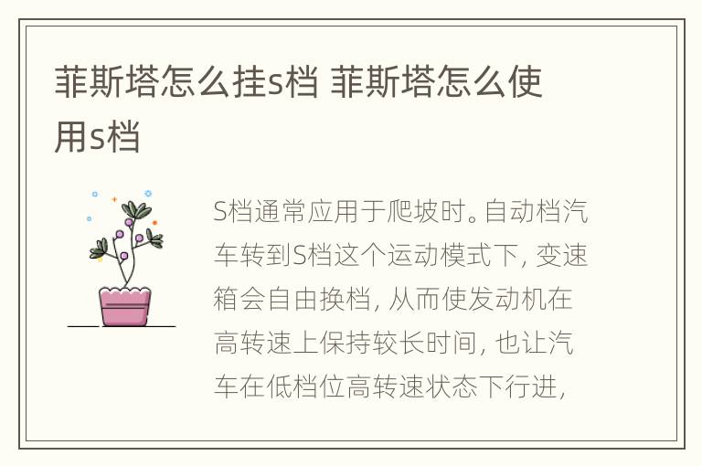 菲斯塔怎么挂s档 菲斯塔怎么使用s档