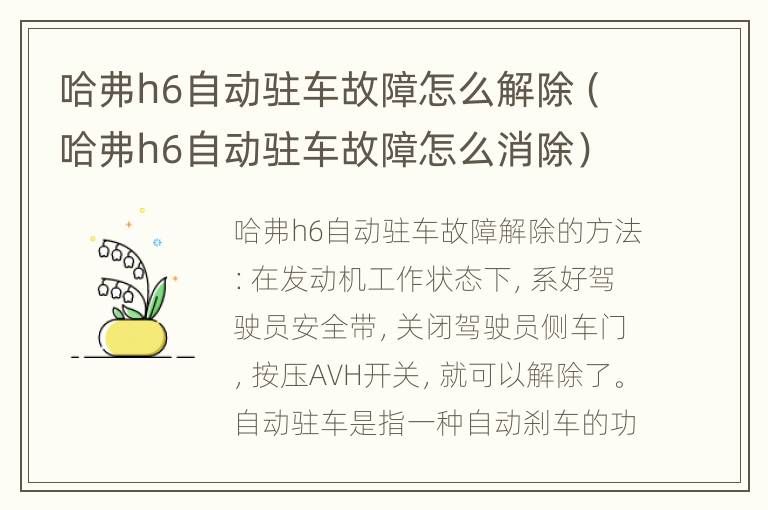 哈弗h6自动驻车故障怎么解除（哈弗h6自动驻车故障怎么消除）