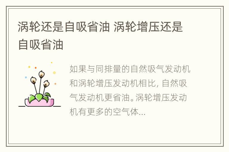 涡轮还是自吸省油 涡轮增压还是自吸省油