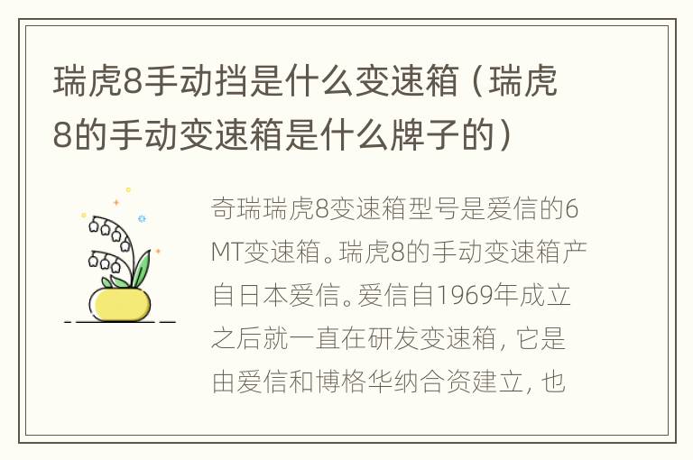 瑞虎8手动挡是什么变速箱（瑞虎8的手动变速箱是什么牌子的）