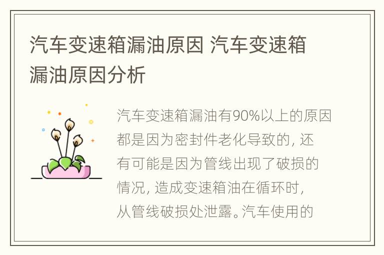 汽车变速箱漏油原因 汽车变速箱漏油原因分析