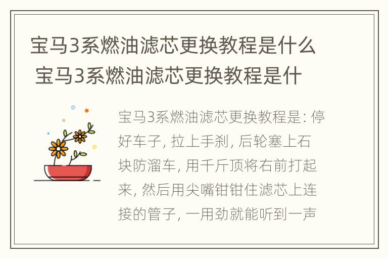 宝马3系燃油滤芯更换教程是什么 宝马3系燃油滤芯更换教程是什么样的