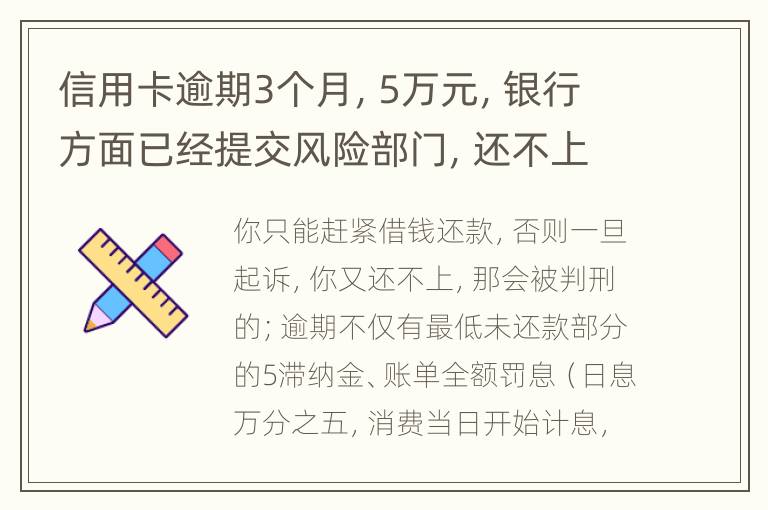 信用卡逾期3个月，5万元，银行方面已经提交风险部门，还不上什么办