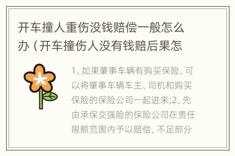 开车撞人重伤没钱赔偿一般怎么办（开车撞伤人没有钱赔后果怎样?）