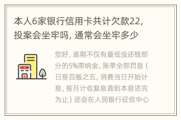 本人6家银行信用卡共计欠款22，投案会坐牢吗，通常会坐牢多少年