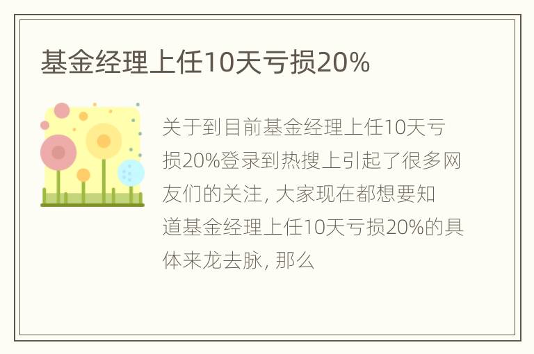 基金经理上任10天亏损20%