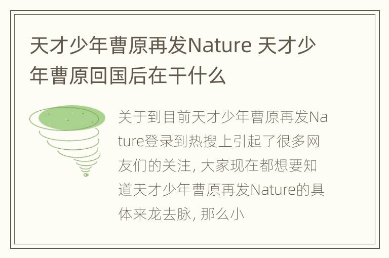 天才少年曹原再发Nature 天才少年曹原回国后在干什么