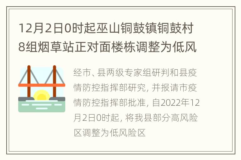 12月2日0时起巫山铜鼓镇铜鼓村8组烟草站正对面楼栋调整为低风险区