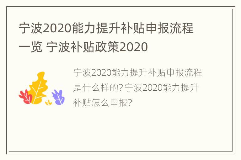 宁波2020能力提升补贴申报流程一览 宁波补贴政策2020