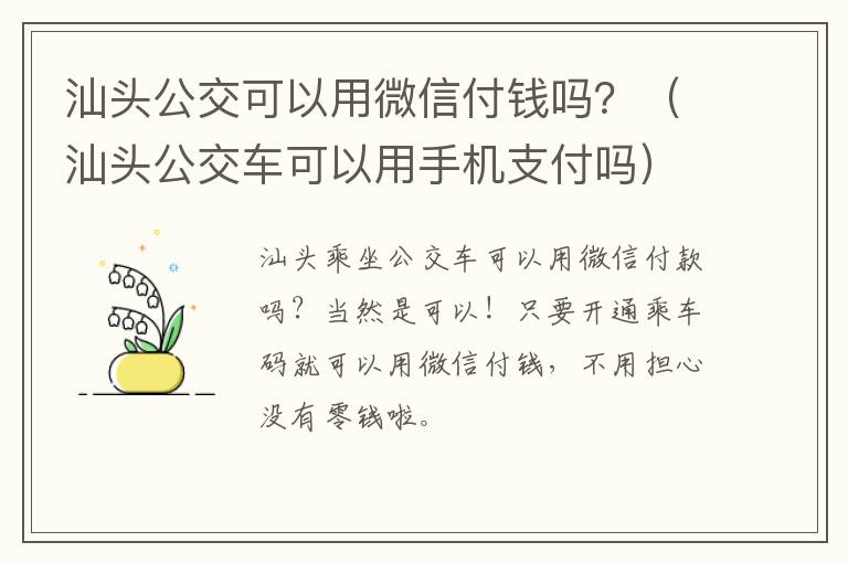 汕头公交可以用微信付钱吗？（汕头公交车可以用手机支付吗）