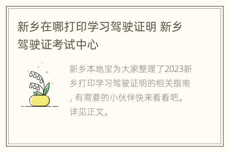 新乡在哪打印学习驾驶证明 新乡驾驶证考试中心