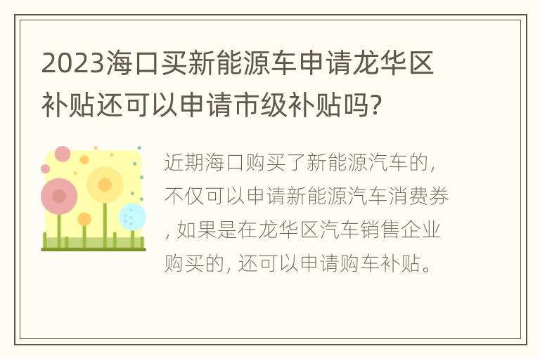 2023海口买新能源车申请龙华区补贴还可以申请市级补贴吗？