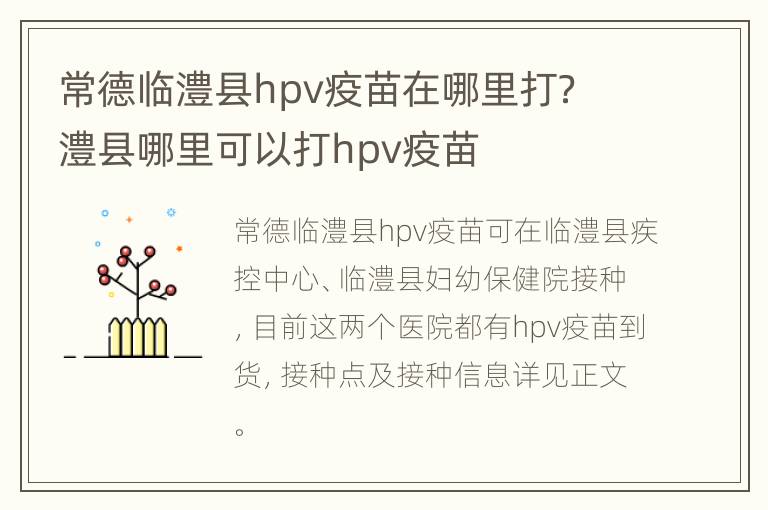 常德临澧县hpv疫苗在哪里打？ 澧县哪里可以打hpv疫苗