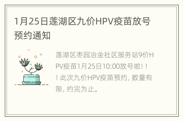 1月25日莲湖区九价HPV疫苗放号预约通知