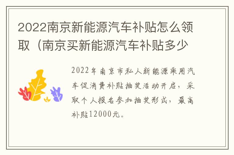 2022南京新能源汽车补贴怎么领取（南京买新能源汽车补贴多少）