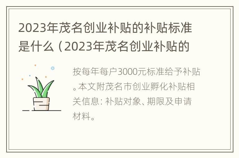 2023年茂名创业补贴的补贴标准是什么（2023年茂名创业补贴的补贴标准是什么呀）