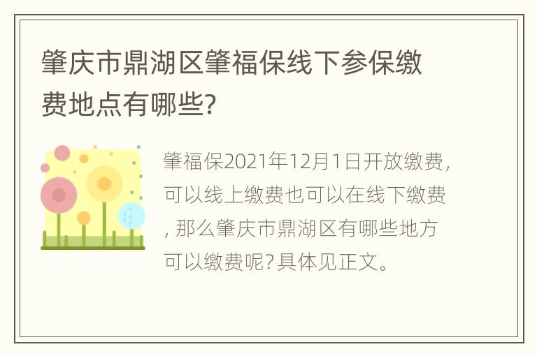 肇庆市鼎湖区肇福保线下参保缴费地点有哪些？