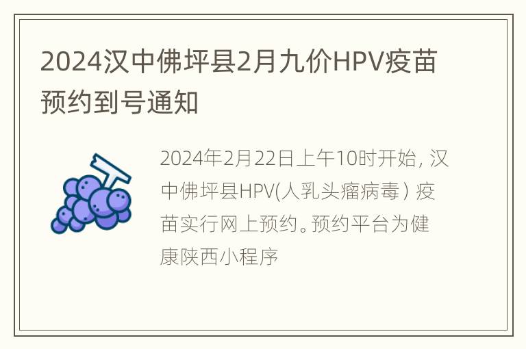 2024汉中佛坪县2月九价HPV疫苗预约到号通知