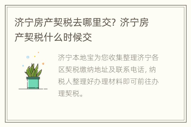 济宁房产契税去哪里交？ 济宁房产契税什么时候交