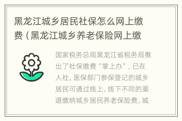 黑龙江城乡居民社保怎么网上缴费（黑龙江城乡养老保险网上缴费）