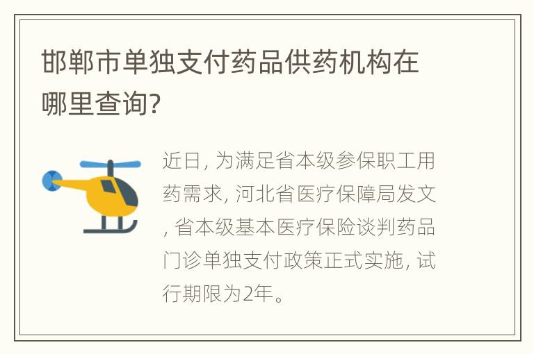 邯郸市单独支付药品供药机构在哪里查询？