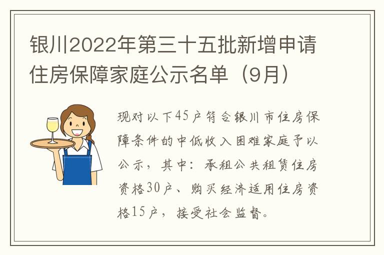 银川2022年第三十五批新增申请住房保障家庭公示名单（9月）