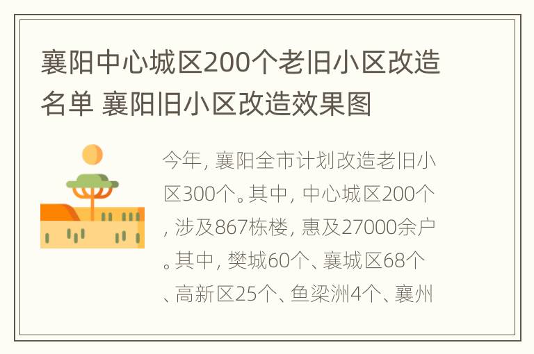 襄阳中心城区200个老旧小区改造名单 襄阳旧小区改造效果图