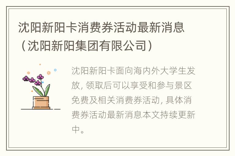 沈阳新阳卡消费券活动最新消息（沈阳新阳集团有限公司）