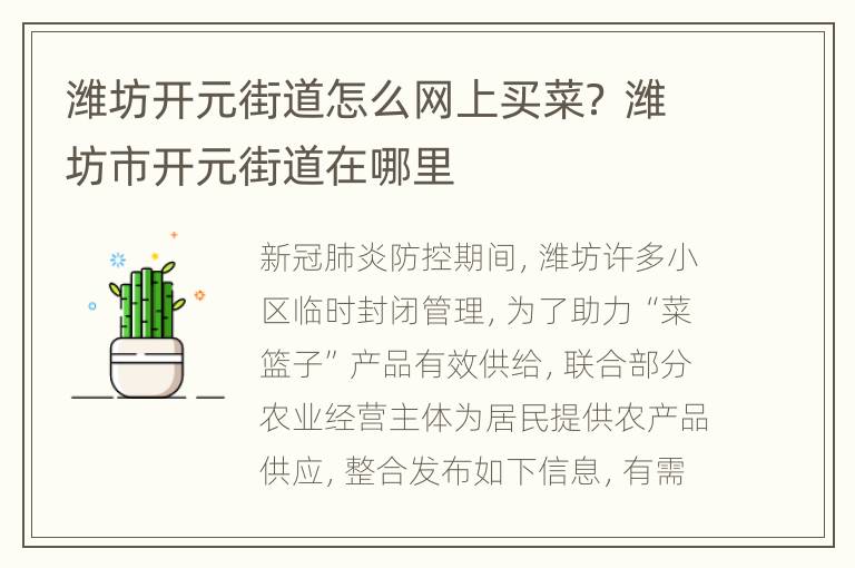 潍坊开元街道怎么网上买菜？ 潍坊市开元街道在哪里