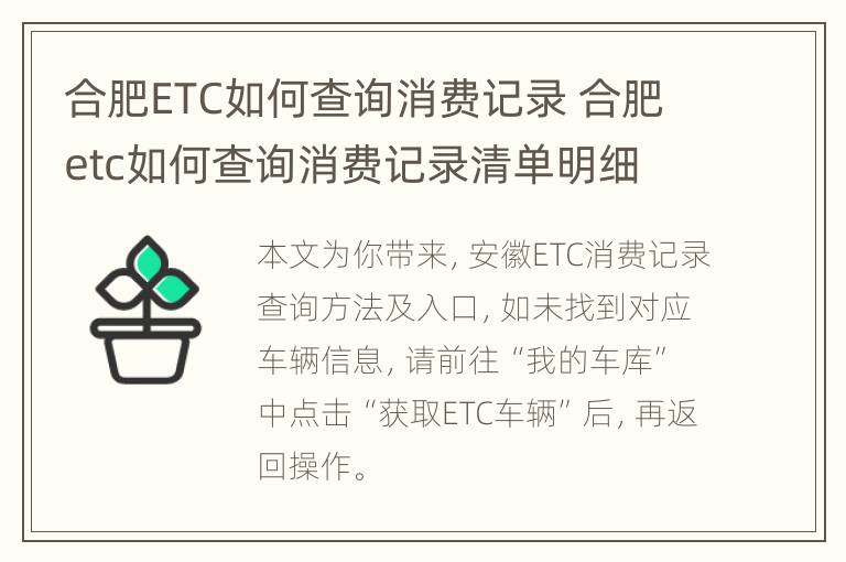 合肥ETC如何查询消费记录 合肥etc如何查询消费记录清单明细