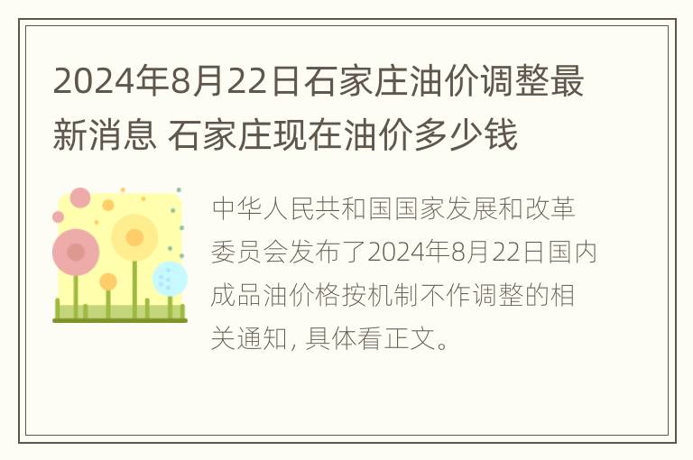 2024年8月22日石家庄油价调整最新消息 石家庄现在油价多少钱