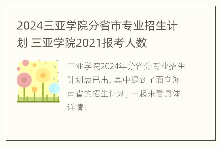 2024三亚学院分省市专业招生计划 三亚学院2021报考人数