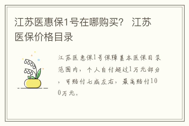 江苏医惠保1号在哪购买？ 江苏医保价格目录