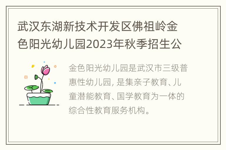 武汉东湖新技术开发区佛祖岭金色阳光幼儿园2023年秋季招生公告