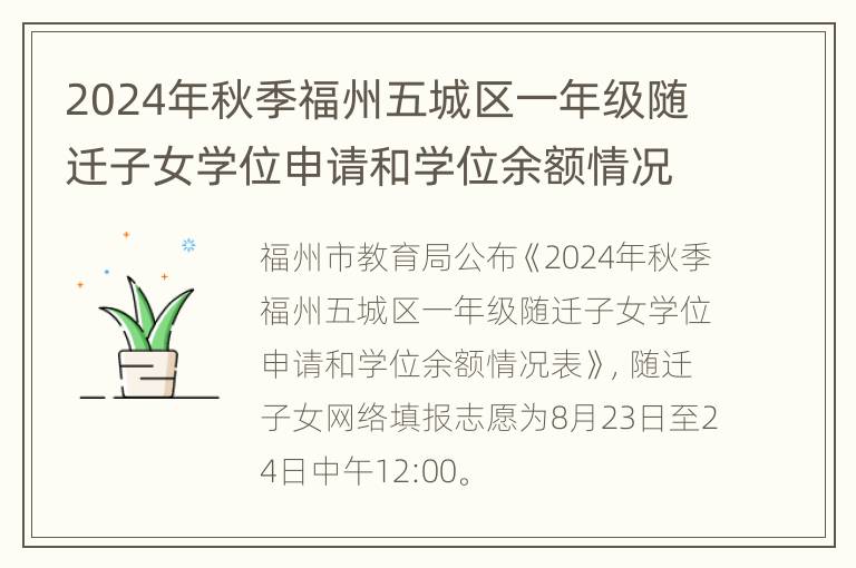 2024年秋季福州五城区一年级随迁子女学位申请和学位余额情况表