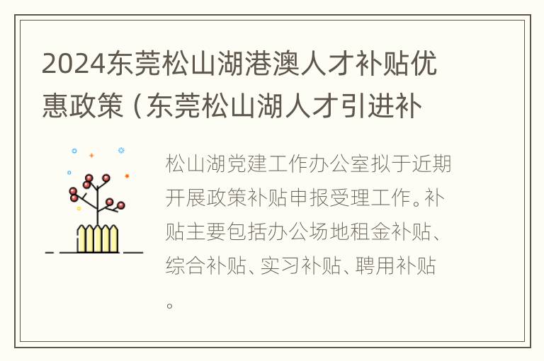 2024东莞松山湖港澳人才补贴优惠政策（东莞松山湖人才引进补贴2021）