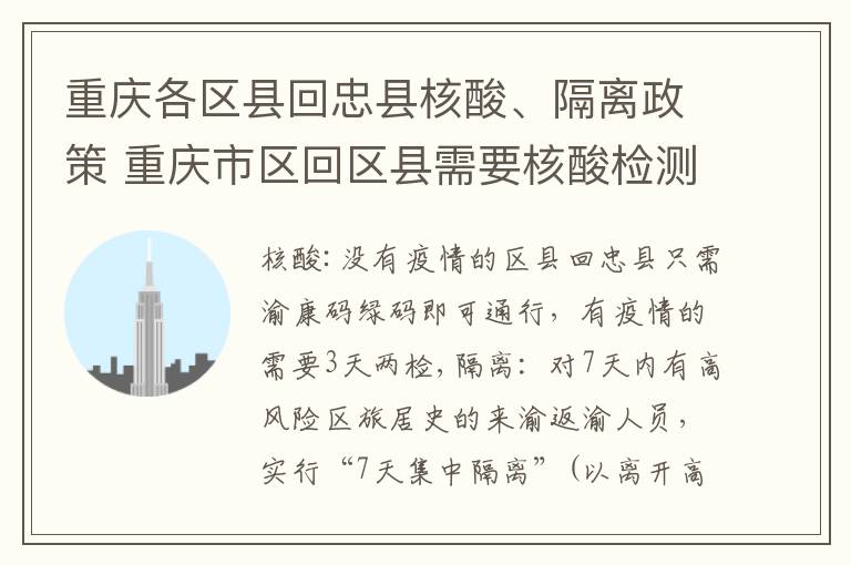 重庆各区县回忠县核酸、隔离政策 重庆市区回区县需要核酸检测吗