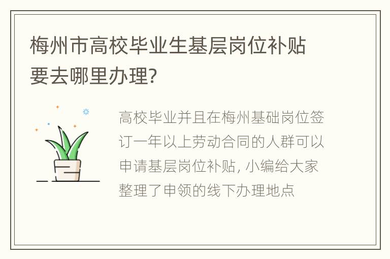 梅州市高校毕业生基层岗位补贴要去哪里办理？