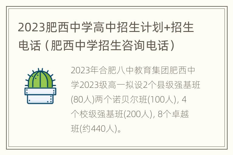 2023肥西中学高中招生计划+招生电话（肥西中学招生咨询电话）