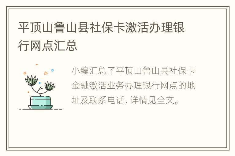 平顶山鲁山县社保卡激活办理银行网点汇总