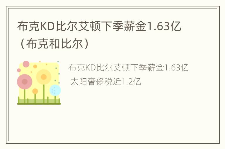 布克KD比尔艾顿下季薪金1.63亿（布克和比尔）