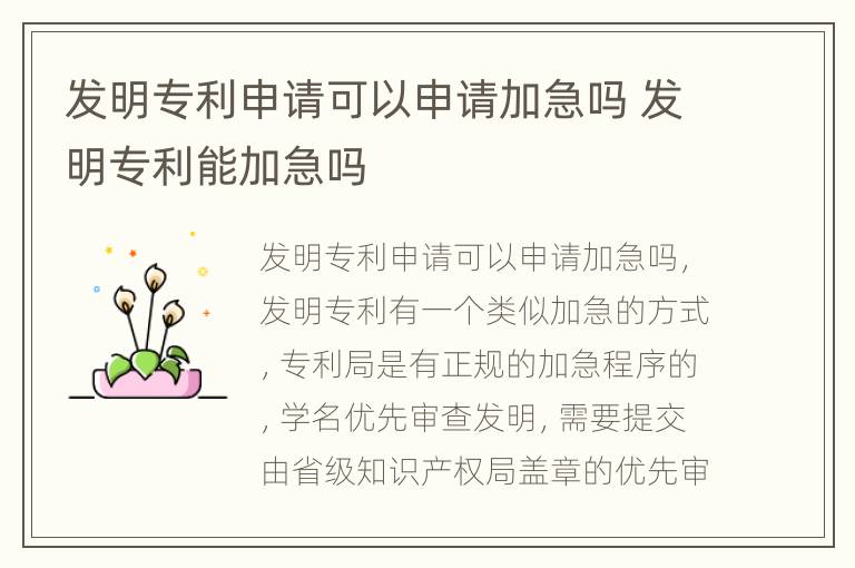 发明专利申请可以申请加急吗 发明专利能加急吗