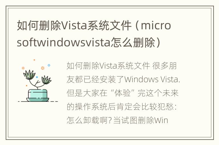 如何删除Vista系统文件（microsoftwindowsvista怎么删除）