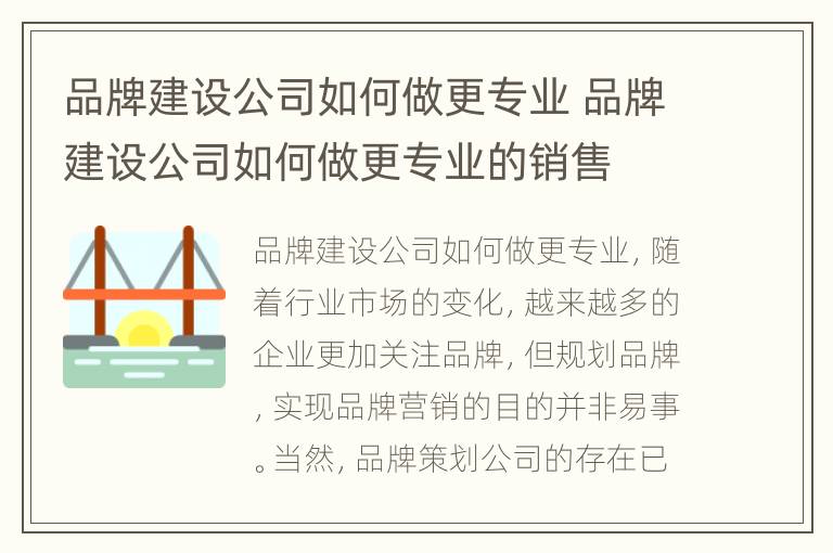 品牌建设公司如何做更专业 品牌建设公司如何做更专业的销售