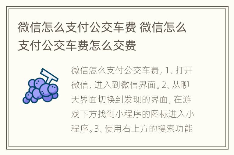 微信怎么支付公交车费 微信怎么支付公交车费怎么交费