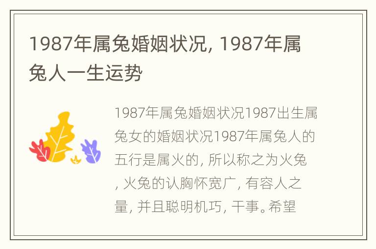 1987年属兔婚姻状况，1987年属兔人一生运势