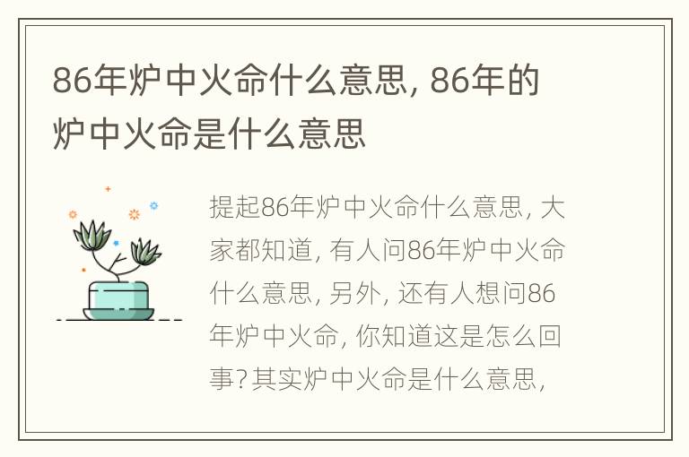 86年炉中火命什么意思，86年的炉中火命是什么意思